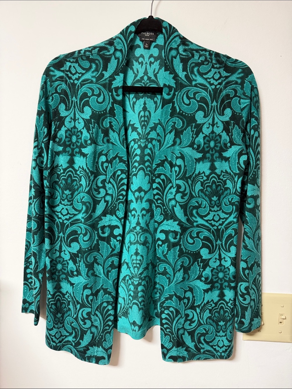 Talbots Teal & Black Damask Open-Front Blazer